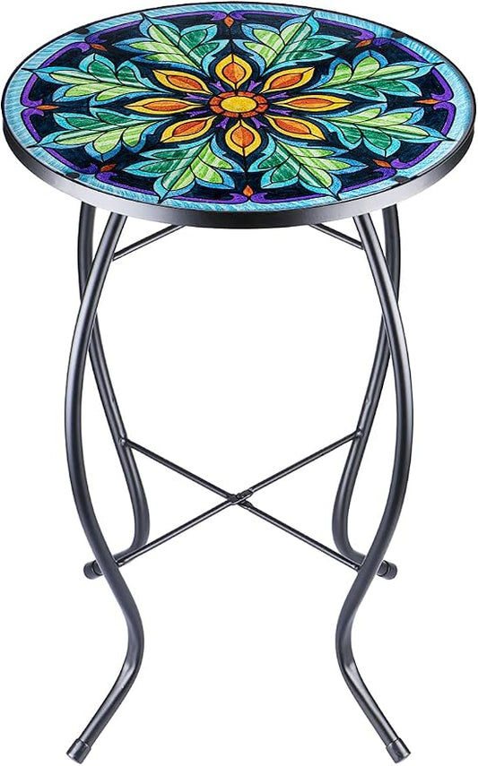 VCUTEKA Outdoor Side Table Mosaic End Table Patio Side Table Small End Table Glass Top Round Balcony Coffee Table Porch Indoor Glass Top