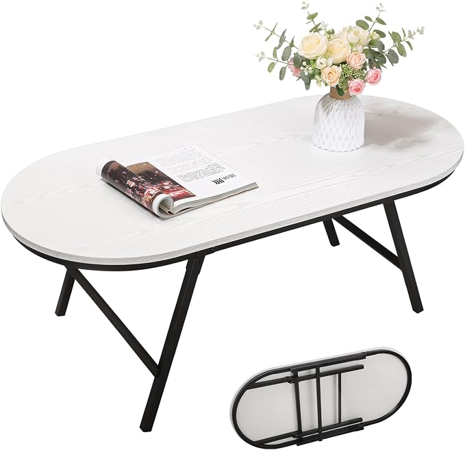 Small Oval Coffee Table Wooden Low Coffee Table with Folding Legs Portable White Center Table Simple Modern Floor Table Desk for Living Room Home Office