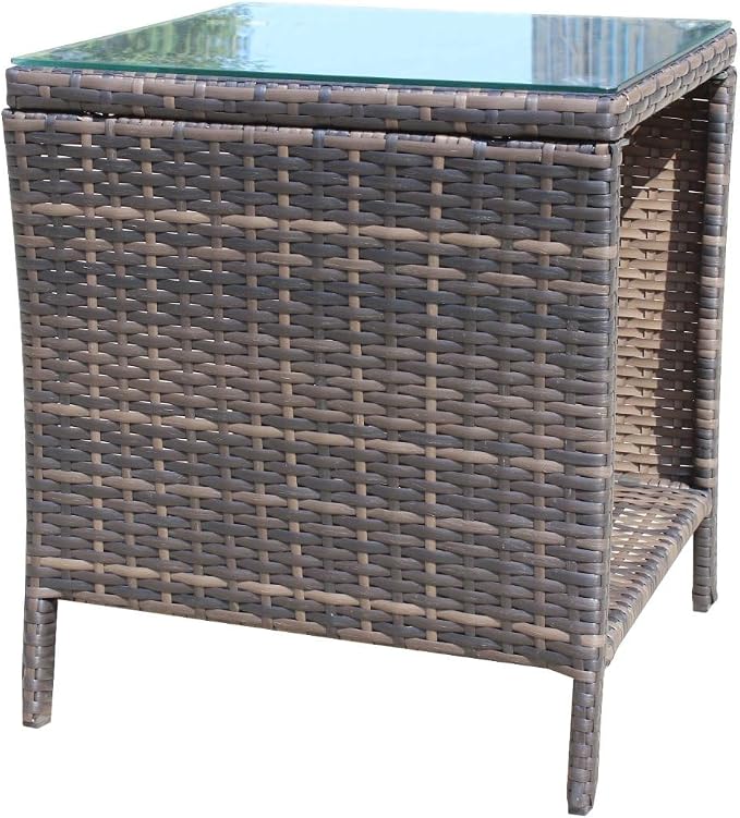 Rattan Side Table with Glass Top, Outdoor Wicker End Table for Patio, Porch, Garden, 19.25" Square, 21" Tall, 120 Lbs Capacity, Weather-Resistant PE Rattan, Easy Assembly
