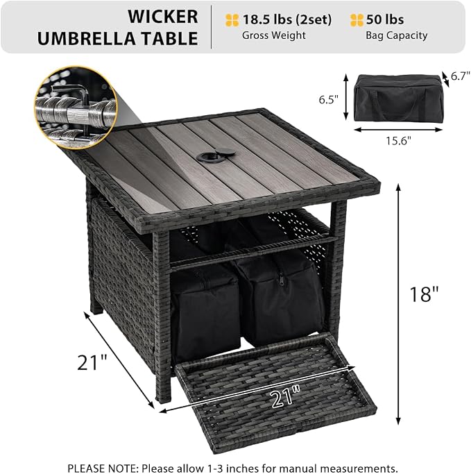 Sundale Outdoor Umbrella Stand with 2 Weight Bags, Patio 22 in Wicker Side Table with Umbrella Hole, All Weather Small Rattan Umbrella Base for Deck Yard Poolside Porch, Charcoal Gray