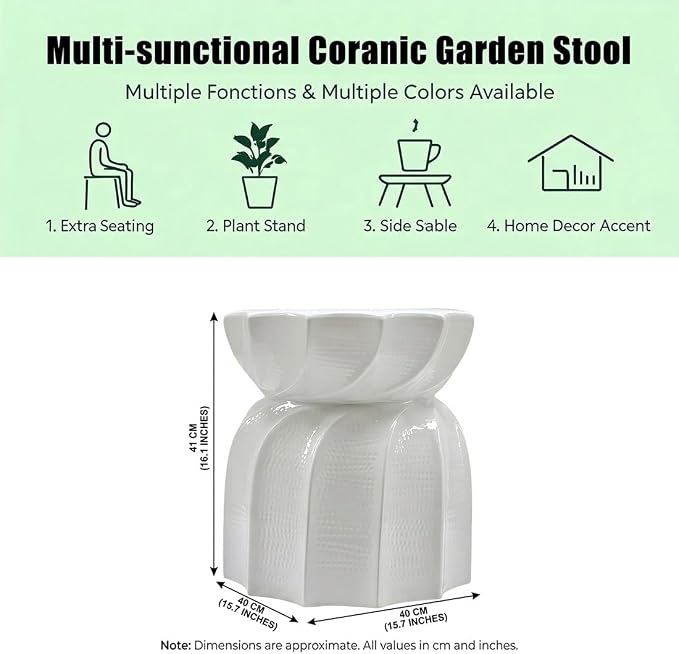 Decorative Ceramic Garden Stool, Hand-Crafted Outdoor Side Table, Shoe Changing Drum Stool for Patio, Living Room Accent Furniture(White 8)