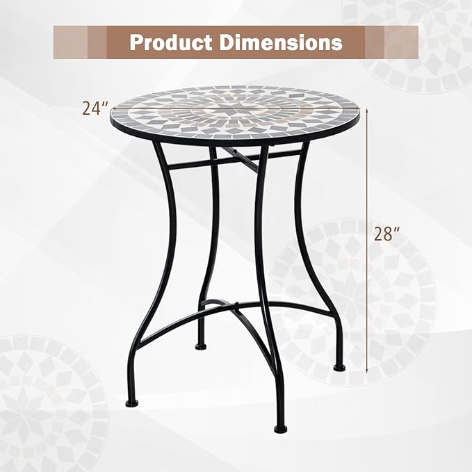 Giantex 24 Inch Patio Bistro Table, Mosaic Round Table w/Ceramic Tile Tabletop, Heavy-Duty Metal Structure, Outdoor Dining Table for Backyard, Garden, Porch (Black (Star Pattern))