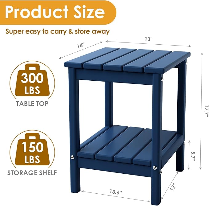 IVY&LANE Adirondack Outdoor Side Tables Set of 2 | HDPE Plastic | Patio End Table with Storage | 2-Shelf | Weather Resistant | Blue | 14 x 13 Inches | for Outside Porch Backyard Indoor