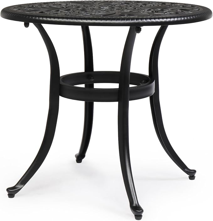 Outdoor Round Side Table with Classical Floral Design, 23.6” Aluminum Round Patio Table for Indoor & Outdoor Use, (Black)