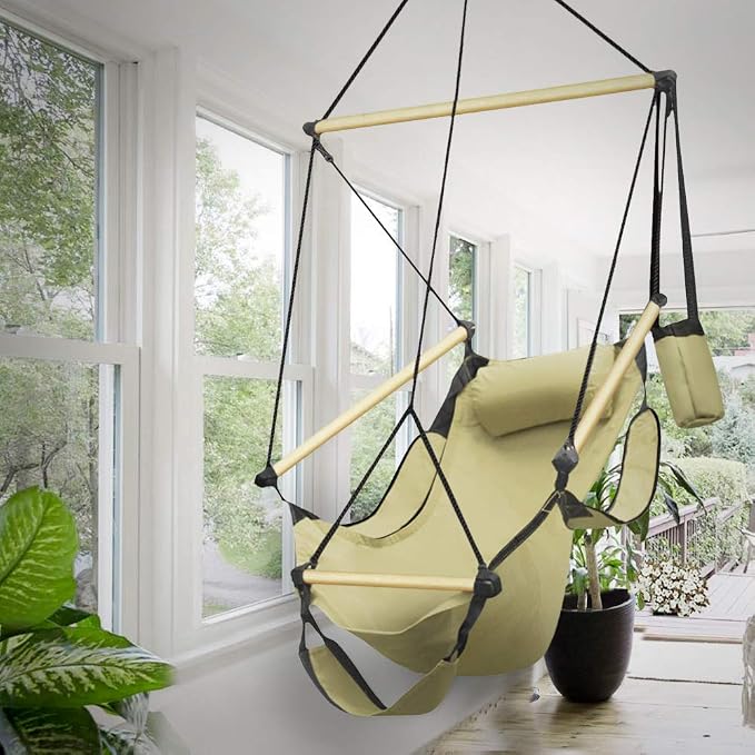 Flexzion Hanging Hammock Air Chair Swing Lounger (Tan) Footrest Armrest Pillow Boho Canvas Hamic Chairs for Outside Outdoor Indoor Patio Porch Upgraded 350lbs, Solid Wooden Dowels, Portable Bag
