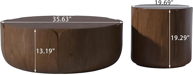 36" Round Coffee Table with 20" Round Side Table Set, Waterproof Sturdy MGO Wood Texture Grain Drum Outdoor Tables Set for Patio Garden Backyard Living Room, No-Assembly, Natural and Brown