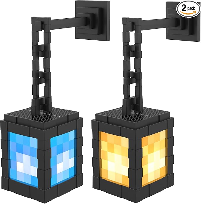 Pixelated Solar Lanterns Outdoor Waterproof, USB-C & Solar Hanging Light | 17-Color RGB Table Lamp with Remote & Timer, Decor for Patio Yard Garden Porch & Winter Camping, Gift for Gamers, 2 Pack