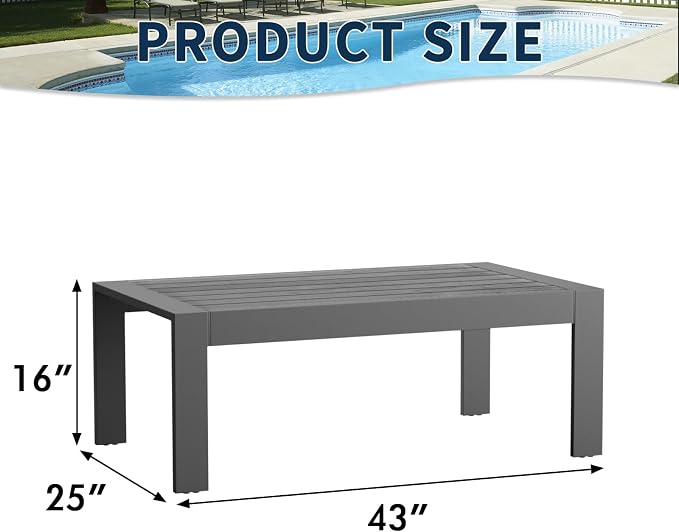 Amopatio Outdoor Coffee Table, Aluminum Modern Patio Coffee Tables with Imitation Wood Top for Balcony Garden Backyard, Dark Grey