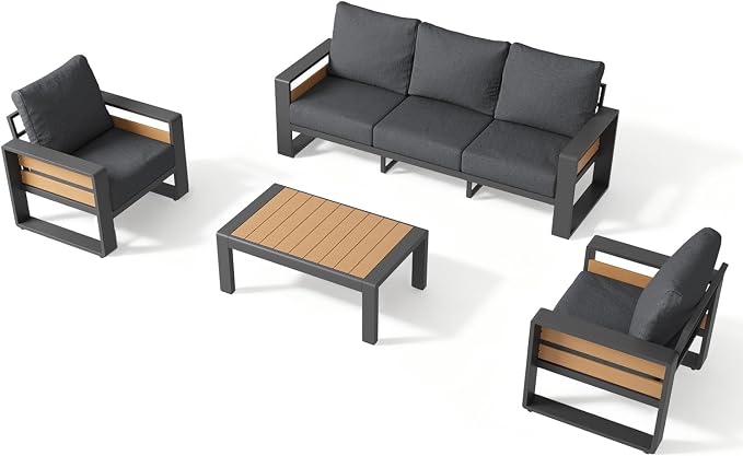 Aoxun Aluminum Patio Furniture Set, 5 Seats Luxury Outdoor Sectional with 6" Olefin Fabric Cushions, Conversation Set with Coffee Table for Garden, Deck Dark Grey