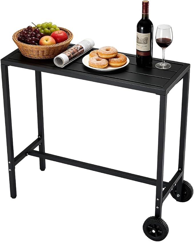 Garvee Outdoor Bar Table, 39 inch Counter Height Table with Wheels & Adjustable Leveling Feet,Bar Table for Kitchen, Home Bar, Patio, Balcony,Black