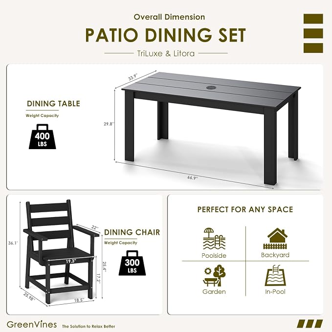 GREENVINES 7 Piece HDPE Outdoor Patio Dining Set, Removable Armrests, Black