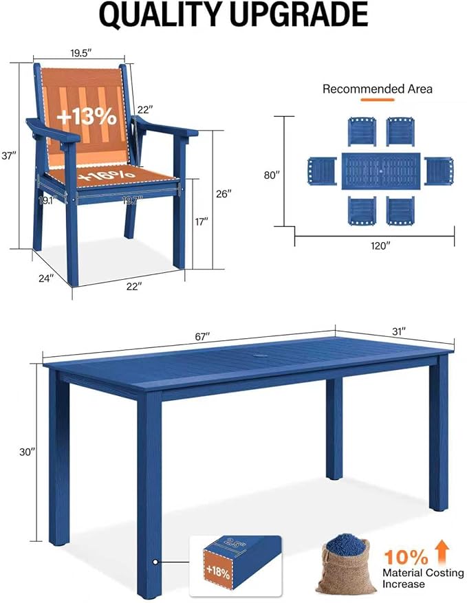 YEFU HIPS Patio Table Set: 5 Piece Outdoor Table and Chairs Dining Furniture Set with Umbrella Hole - Blue Modern Plastic Dining Sets 4 Person for Outside Deck with Metal Aluminum Frame