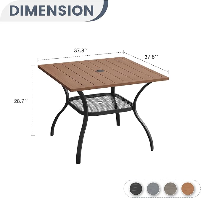 VICLLAX Outdoor Patio Dining Table for 4, Square Metal Table with Umbrella Hole and Storage Shelf for Garden, Lawn, Balcony, Deck, Walnut