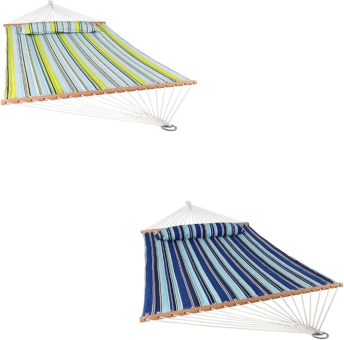 Sunnydaze Set of 2 Outdoor Quilted Fabric Hammocks - 2-Person Hammock with Spreader Bars - Catalina Beach and Blue/Green