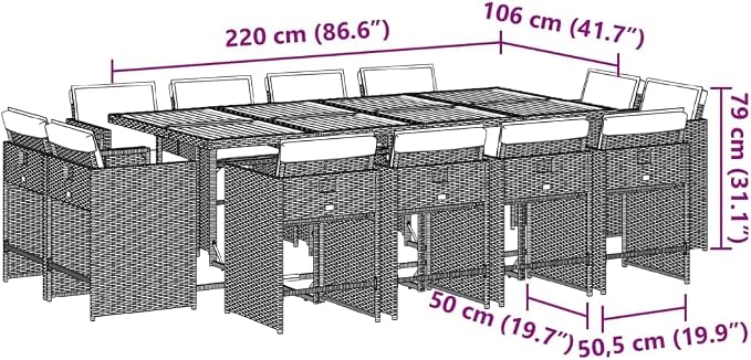 13 Piece Outdoor Dining Set with Cushions Poly Rattan Patio Furniture Black Acacia Wood Table 12 Folding Chairs UV-Proof Garden Porch Backyard