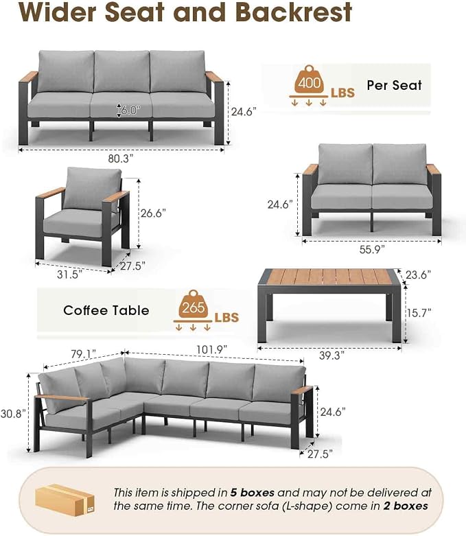Outdoor Aluminum Patio Furniture Set 11 Seats, Patio Sectional Corner Couch Set with Washable Thick Cushions & Coffee Table, Patio Conversation Sets for Porch, Backyard, Garden, Deck, Gray