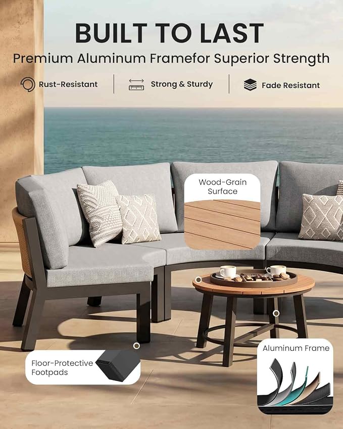 Half Moon Patio Furniture Set, Aluminum Curved Patio Conversation Sets, Luxury Outdoor Sectional Sofa with PE Rope, All-Weather 4 Pcs Outdoor Couch with Modular Coffee Table & Cushions, Gray