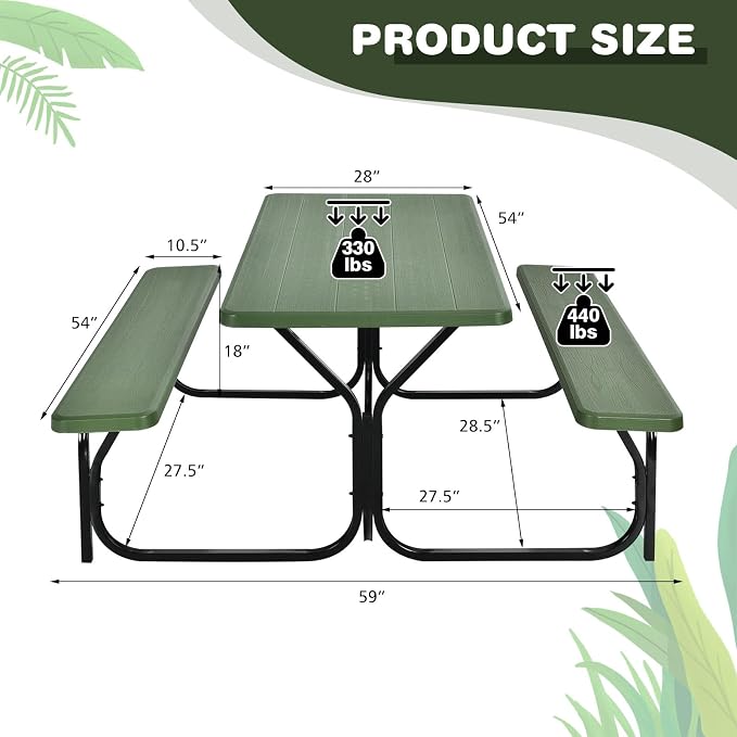 DORTALA Plastic Picnic Table for Outdoors, All Weather Faux Wood Patio Picnic Table Set with Benches for Outdoor, Cafeteria and Commercial, Green