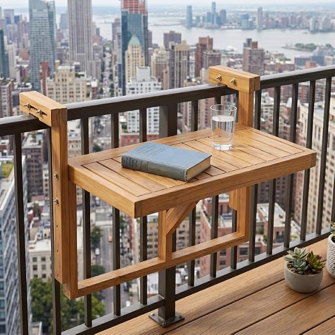 Acacia Wood Balcony Hanging Table – Stable Fixed Outdoor Railing Table – Weather-Resistant White Finish – Adjustable Mounting for Small Balcony, Patio, and Porch (Natural Wood - 2pcs)