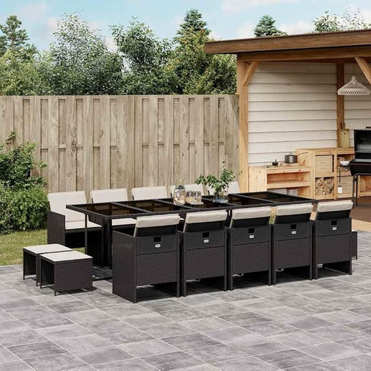 15-Piece Garden Dining Set, Black PE Rattan Outdoor Patio Furniture with Folding Chairs and Stools for Backyard Balcony