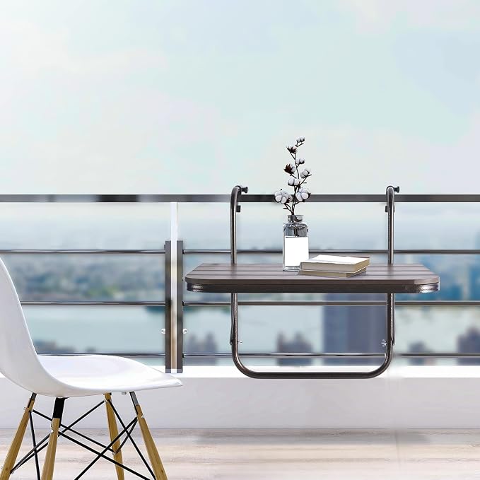 Balcony Railing Table Outdoor Hanging Folding Brown Aluminium Metal Side Table Adjustable 23.6"L x 15.7"W