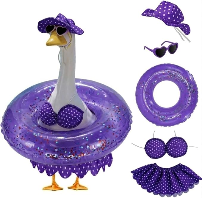 Bikini Porch Goose Outfits,Porch Goose Summer Outfits Swimsuit with Hat Sunglasses & Swim Ring,Fit 23'' Lawn Goose Statue for Summer Outdoor Garden Lawn Yard Decor (Purple)