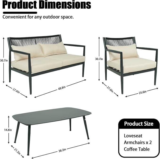 Outdoor Patio Furniture Set, 4 Seats Outdoor Sectional with Coffee Table, Patio Conversation Sets with PE Rope, Outdoor Sectional Sofa with Thick Cushions for Balcony, Porch (Black)