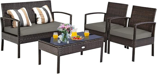 Tangkula 4-PCS Wicker Patio Conversation Furniture Set, Outdoor Rattan Chair and Table Set, Patio Furniture Sets with Coffee Table & Washable Cushions for Courtyard Balcony Garden (1, Brown)