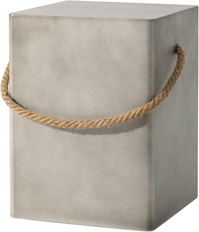 COSIEST Concrete Side Table, Rectangular Outdoor Side Table w Hemp Rope Handles,15''Patio Side Tables End Table, Outdoor Accent Coffe Table for Garden and Patio, Grey