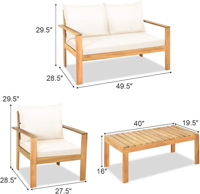 HAPPYGRILL 4 Piece Patio Furniture Set Outdoor Conversation Set Wood Sofa Table Set with Cushions, Acacia Wood Chairs & Coffee Table Set for Garden Backyard Poolside