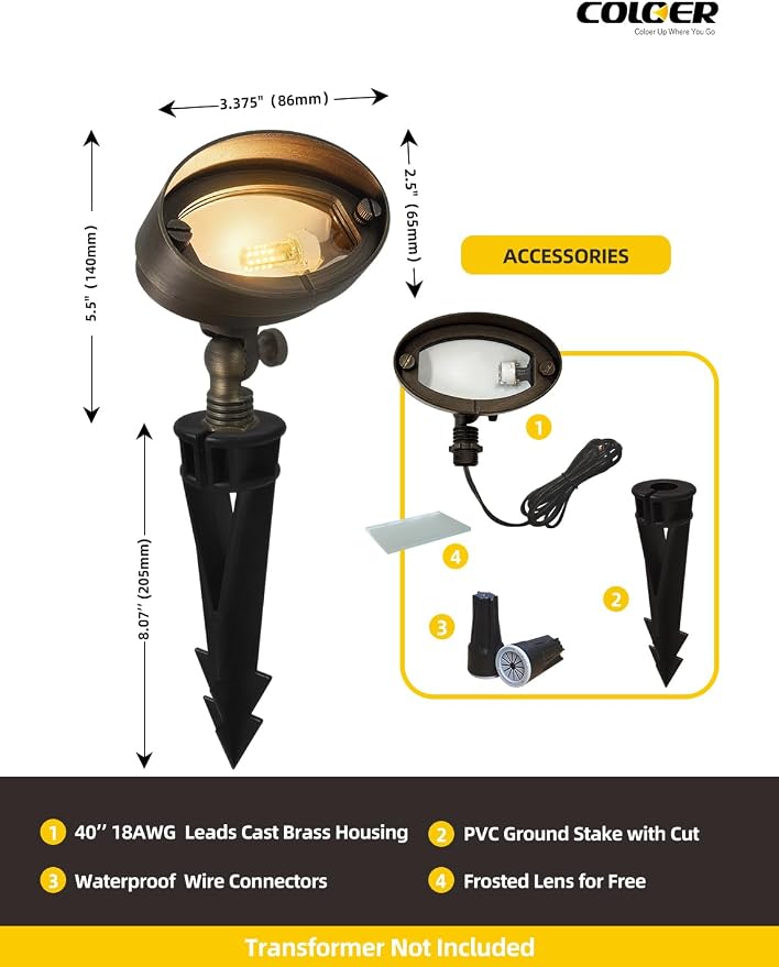 COLOER Die-cast Brass LED Landscape Flood Lights Outdoor 6-Pack with Bulb, 3W 9-17 Volt Low Voltage Wall Wash Lighting, Outdoor Floodlight for Illuminating Signs, Walls and Plant Material(501B)