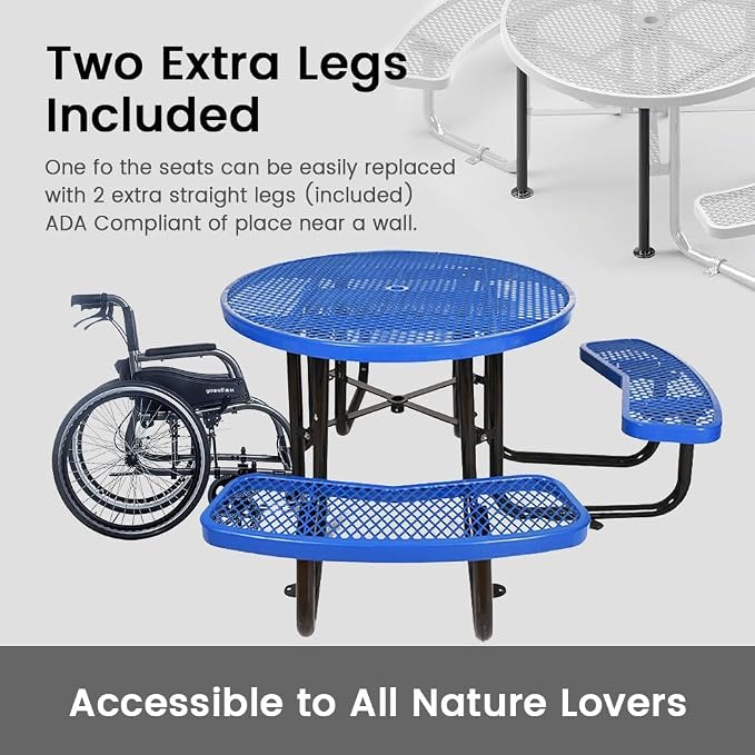 46" Round Commercial Picnic Table for 4-8 Person, Heavy Duty Metal Outdoor Picnic Table with Umbrella Hole for Coffee Shop, School, Hospital, Easy to Install, Blue