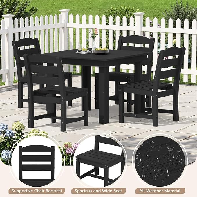 KINGYES HDPE Outdoor Dining Set for 4 with Umbrella, 6-Piece Square Patio Table & Armless Chairs, All-Weather for Backyard, Garden, Lawn & Poolside, Black