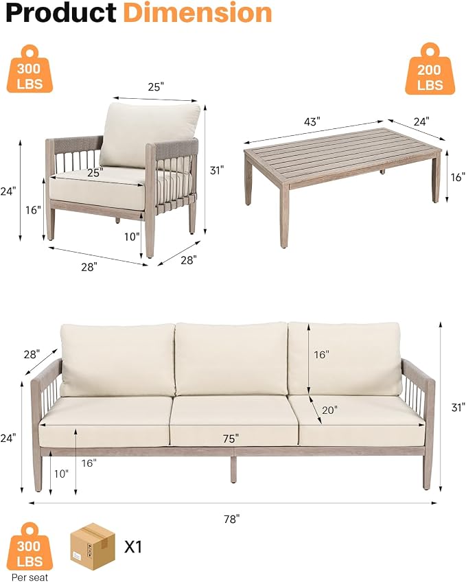 4-Piece Patio Furniture Set, Never-Rust Aluminum Patio Conversation Set, Outdoor Sofa Set with Faux Wood Grain Finish, Rope Weave Patio Sofa Set with Coffee Table for Backyard, Poolside, Deck