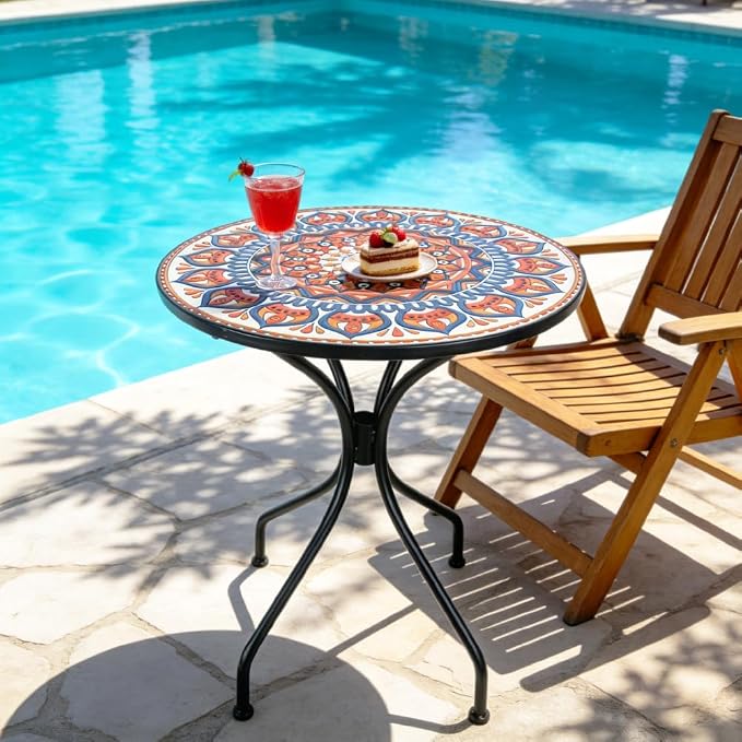24 Inch Mosaic Patio Round Side Table with Central Column Curved Legs Indoor and Outdoor Accent End Table for Yard, Garden, Living Room, Bistro, Blue Orange Mandala