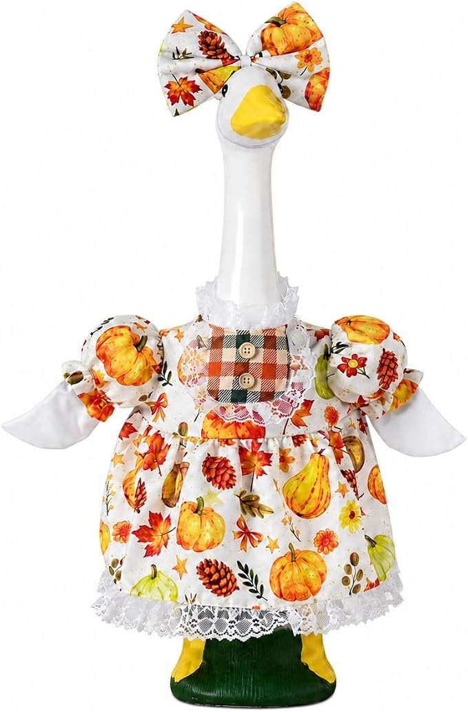 STONESTAR Fall Porch Goose Outfits Autumn Goose Clothes with Pumpkin Dress Bow Headband, Fits 23 Inch Cement Plastic Geese Statues, Thanksgiving Goose Costume for Yard Patio Lawn Outdoor Decor