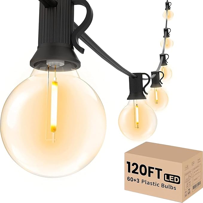 Svater Outdoor String Lights 120 FT Waterproof Patio Light 63 LED Bulbs | Shatterproof Globe Edison Bulbs, Dimmable, Connectable Plug-In Outside Light for Backyard Bistro Cafe Porch Party Warm White