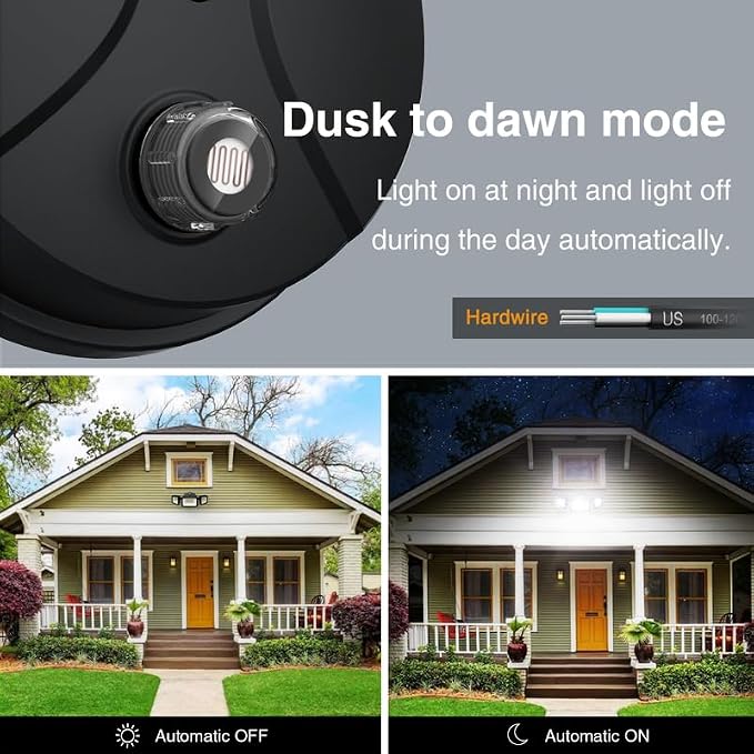 Onforu 70W LED Dusk to Dawn Outdoor Lighting,2 Packs 7000LM Exterior Flood Lights,IP65 Waterproof Outdoor 3 Adjustable Heads Photocell Black Lights Fixture,6500K Daylight White Floodlights(Black)