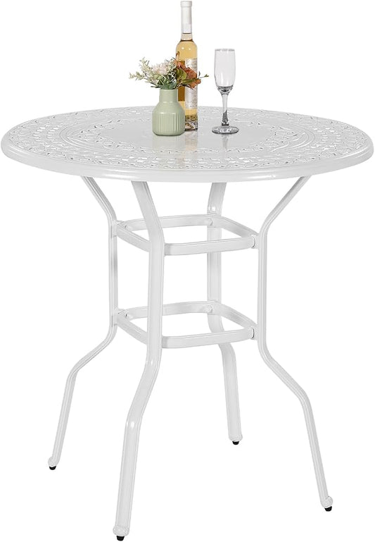VIVIJASON 38.5" Patio Height Bar Table, All-Weather Cast Aluminum Bar Bistro Table Outdoor Patio Round Dining Table with Umbrella Hole for Balcony, Lawn, Garden, Backyard, White