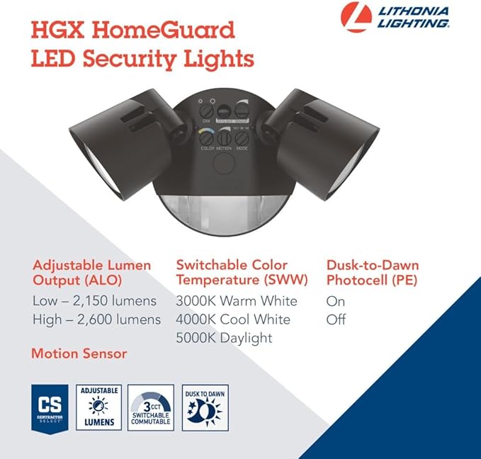 Lithonia Lighting HomeGuard 2-Light LED Outdoor Flood Lights, PIR Sensor | Dark Bronze Motion Sensor LED Lights, Dusk to Dawn, Adjustable Lumens & CCT, Round Heads HGX LED 2RH ALO SWW2 120 PIR DDB