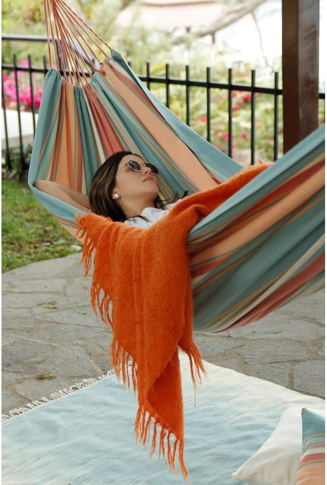 Pastel Striped Cotton Hammock for Indoor or Outdoor Use – 90x50 Inches, 250 lbs Capacity, Bohemian Style for Patio, Porch, Poolside, Deck, Living Room
