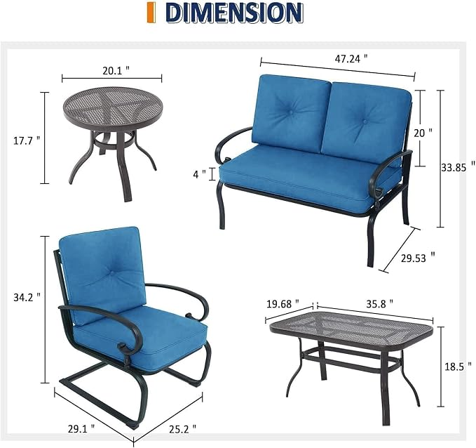 8 Pcs (6 Seats) Metal Outdoor Patio Furniture Conversation Sets, 4 Spring Chair, Loveseat and 3 Coffee Table, with Cushions (Peacock Blue)