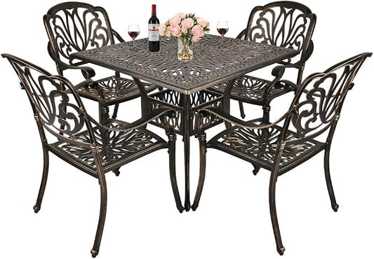 TITIMO 5-Piece Outdoor Patio Dining Set,All-Weather Cast Aluminum Furniture Conversation Set Includes 4 Chairs and 1 Square Table with Umbrella Hole for Patio Garden Deck, Blooming Flower Design