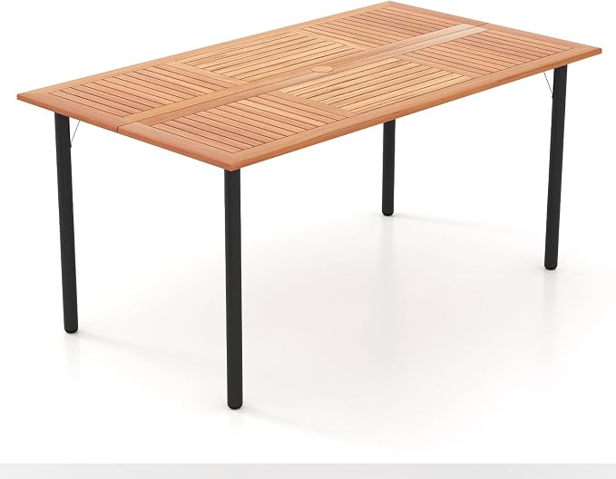 Patio Dining Table for 6 Persons, Acacia Wood Dining Table with 1.9" Umbrella Hole, Slat Tabletop & Metal Frame, Outdoor Dining Table Deck Furniture for Backyard & Lawn