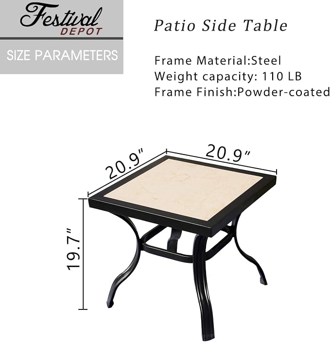 Festival Depot 21" Metal Outdoor Side Table Patio Bistro Square Dining Table Ceramics Top with Steel Legs (20.9"x 20.9"x 19.7"H)