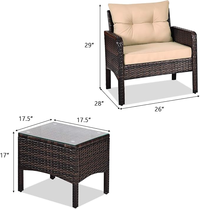 DORTALA Small Patio Furniture Set 3 Piece, Wicker Outdoor Table and Chairs Set with Cushions, All Weather Rattan Conversation Bistro Set for Balcony, Porch, Backyard, Deck, Beige