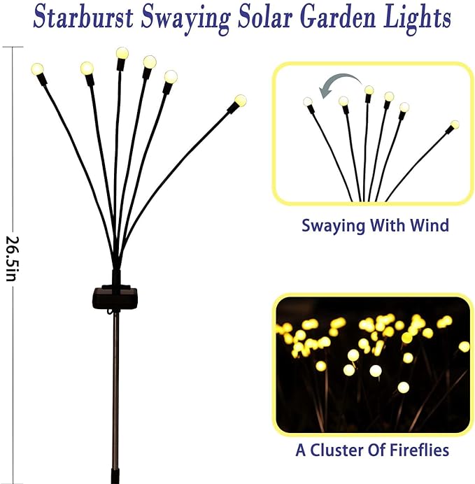 Solar Garden Lights Outdoor Waterproof, Swaying Firefly Light, Garden Decor | 4 Pack Solar Firefly Lights, Auto On/Off Decor for Yard, Patio, Pathway and Lawn, Gifts for Women, Christmas Decor