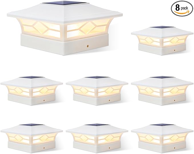 Solar Post Cap Lights Outdoor 8pack, Waterproof Solar Powered Deck Fence Post Lights for 4x4 Wood/Vinyl Posts, Solar Outdoor LED Light with Cool/Warm Lighting (White, 8pack)