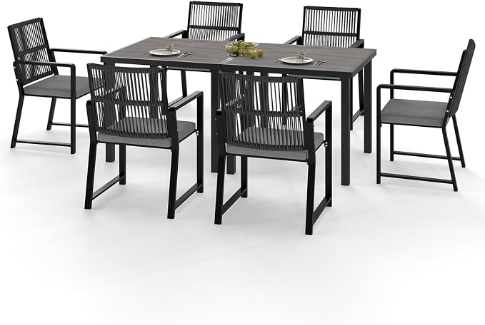 8 Pieces Outdoor Dinning Set Featuring 2 Aluminum Tables and 6 Iron Alloy Ratten Chairs Waterproof and Rust-Proof Courtyard Style Table Garden Balcony Poolside, Black 8 Pcs