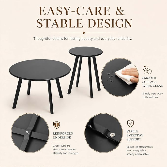 HRVEOCEI Black Round Nesting Coffee Table Set of 2, 2 PCS Small Outdoor Nesting Tables with LED Light for Living Room, Metal Side Table Set for Balcony Patio (70 Inch)